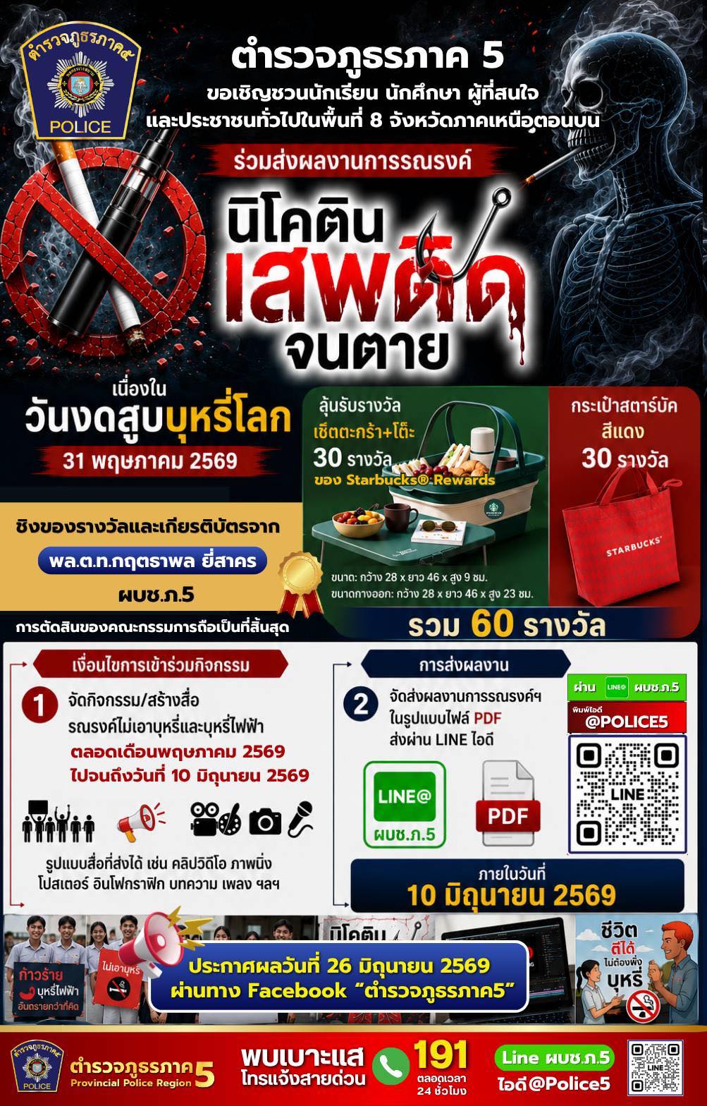 ตำรวจภูธรภาค 5 ขอเชิญชวนนักเรียน นักศึกษา ผู้ที่สนใจและประชาชนทั่วไปในพื้นที่ 8 จังหวัดภาคเหนือตอนบนร่วมส่งผลงานการรณรงค์ในหัวข้อ"นิโคตินเสพติดจนตาย" เนื่องในวันงดสูบบุหรี่โลก 31  พฤษภาคม 2569