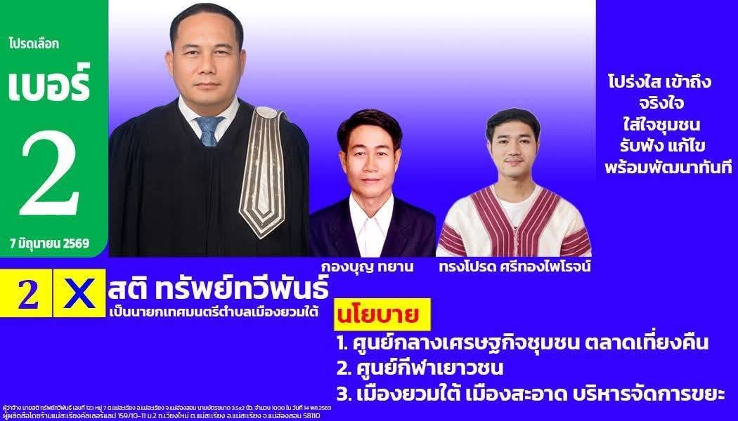 ผลการเลือกตั้ง อย่างไม่เป็นทางการ &ldquo;สติ ทรัพย์ทวีพันธ์&rdquo; นั่งเก้าอี้นายกเทศมนตีตำบลเมืองยวมใต้ 