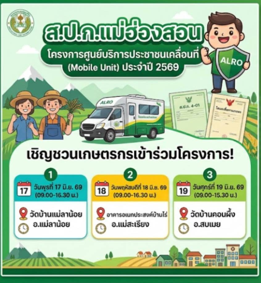 ส.ป.ก. แม่ฮ่องสอน สัญจร! เชิญชวนเกษตรกรเข้าร่วม "โครงการศูนย์บริการประชาชนเคลื่อนที่ (Mobile Unit)" ประจำปี 2569