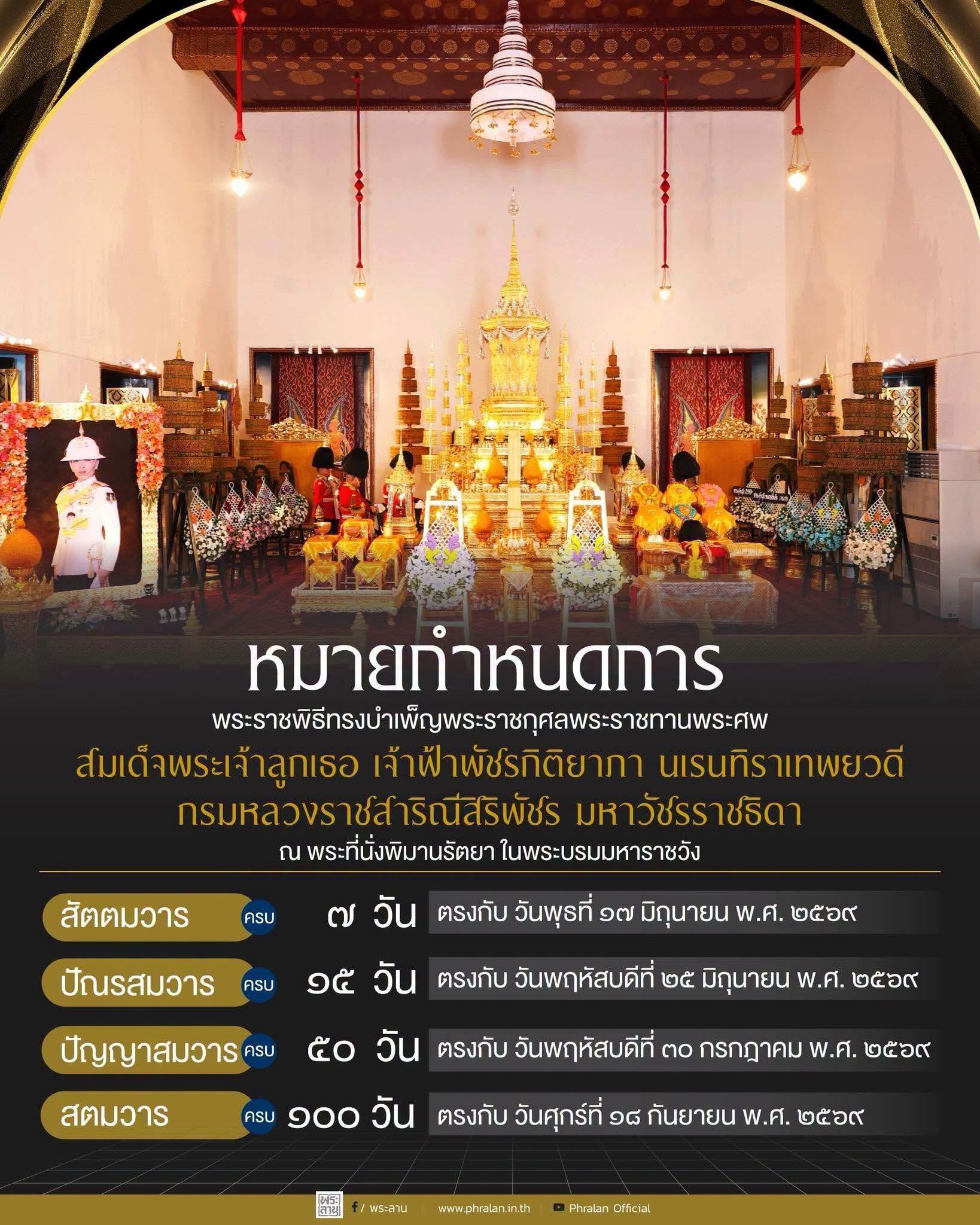หมายกำหนดการพระราชพิธีทรงบำเพ็ญพระราชกุศลพระราชทานพระศพ สมเด็จพระเจ้าลูกเธอ เจ้าฟ้าพัชรกิติยาภา นเรนทิราเทพยวดี กรมหลวงราชสาริณีสิริพัชร มหาวัชรราชธิดา