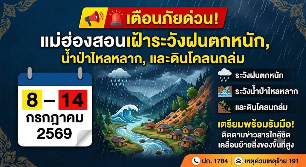ด่วน! แม่ฮ่องสอนเฝ้าระวังฝนตกหนัก น้ำป่าไหลหลาก และดินโคลนถล่ม ช่วงวันที่ 8&ndash;14 กรกฎาคม 2569