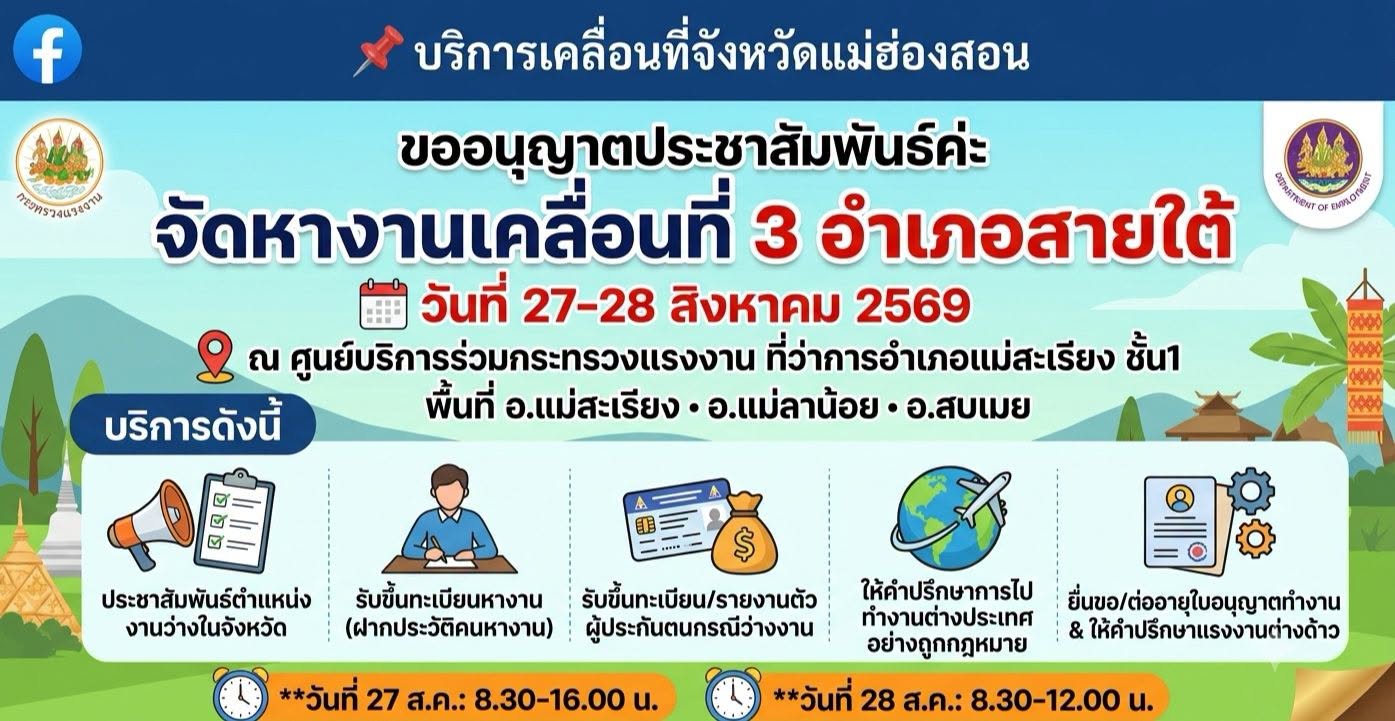 สำนักงานจัดหางานจังหวัดแม่ฮ่องสอน ออกหน่วยเคลื่อนที่ให้บริการ 3 อำเภอสายใต้ (แม่สะเรียง แม่ลาน้อย สบเมย) ณ ศูนย์บริการร่วมกระทรวงแรงงาน ที่ว่าการอำเภอแม่สะเรียง ชั้น 1 