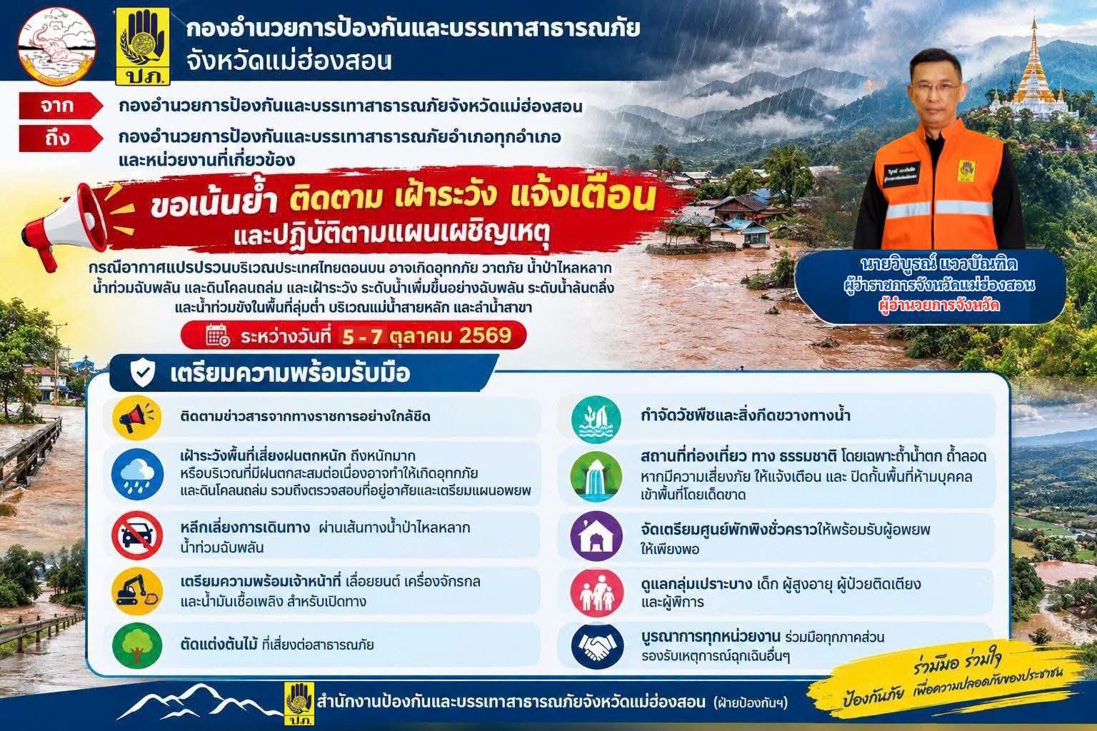 ผู้ว่าฯ แม่ฮ่องสอน สั่งการด่วน! ทุกพื้นที่เตรียมพร้อมรับมืออากาศแปรปรวน 5-7 ต.ค. นี้ เฝ้าระวังฝนตกหนัก-น้ำป่าไหลหลาก